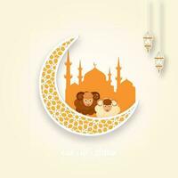 vit arabesk måne med två tecknad serie får, silhuett moské och klistermärke stil lyktor hänga på orange arabicum mönster bakgrund för eid-ul-adha mubarak. vektor