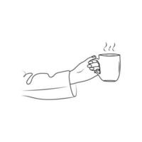 mänsklig hand innehav en mugg. linje konst. kopp av kaffe eller te. varm dryck. hand dragen vektor illustration.