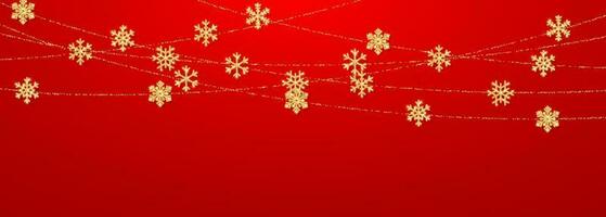 jul eller ny år gyllene snöflinga dekoration krans på röd bakgrund. hängande glitter snöflinga. vektor illustration