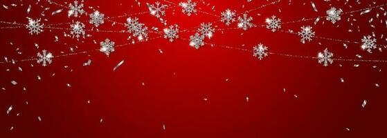 jul eller ny år silver- snöflinga dekoration krans på röd bakgrund. hängande glitter snöflinga. vektor illustration