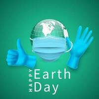 glücklich Erde Tag. Erde Globus im medizinisch Gesicht Maske und medizinisch Latex Handschuh. Vektor Illustration