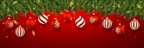 festlich Weihnachten oder Neu Jahr Hintergrund. Weihnachten Tanne Baum Geäst mit Konfetti und Weihnachten rot Bälle. Urlaub Hintergrund. Vektor Illustration