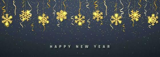 Neu Jahr leuchtenden funkeln glühend golden Schneeflocke Dekoration Girlande auf dunkel Hintergrund. hängend funkeln Schneeflocke. Vektor Illustration