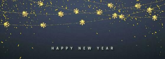 Neu Jahr leuchtenden funkeln glühend golden Schneeflocke Dekoration Girlande auf dunkel Hintergrund. hängend funkeln Schneeflocke. Vektor Illustration