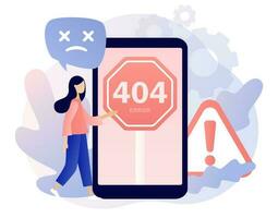 404 Error - - Zeichen auf Smartphone Bildschirm und winzig Frau. Seite nicht gefunden. System Aktualisierung, Installation Programme, System Wartung. modern eben Karikatur Stil. Vektor Illustration auf Weiß Hintergrund