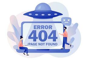 404 Fehler. Seite nicht gefunden. UFO. winzig Menschen Aktualisierung System, Installation Programme, System Wartung. modern eben Karikatur Stil. Vektor Illustration auf Weiß Hintergrund