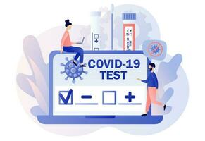 covid-19 testen. positiv oder Negativ testen Ergebnis online. winzig Arzt oder Krankenschwester tun Coronavirus pcr prüfen. geduldig Empfang covid-19 schnell prüfen. modern eben Karikatur Stil. Vektor Illustration