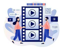 video redaktör. mycket liten människor antal fot redigering och framställning multimedia innehåll produktion. video tillverkare uppkopplad kurs. studio filmskapande. modern platt tecknad serie stil. vektor illustration på vit bakgrund