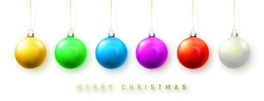 blå, vit, grön, gul och röd jul boll. xmas glas boll på vit bakgrund. Semester dekoration mall. vektor illustration