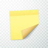 Gelb farbig Blatt von Hinweis Papiere mit zusammengerollt Ecke und Schatten, bereit zum Ihre Botschaft. realistisch. Vektor Illustration
