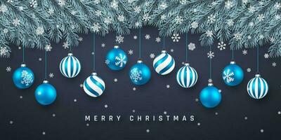 festlig jul eller ny år bakgrund. jul gran grenar med konfetti och xmas blå bollar. högtider bakgrund. vektor illustration