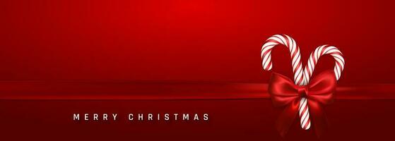 Weihnachten oder Neu Jahr Gruß Karte. realistisch Süßigkeiten Stock mit rot Bogen und Band auf rot Hintergrund. Vektor Illustration