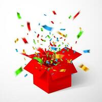 öppen röd gåva låda och konfetti. jul bakgrund. vektor illustration