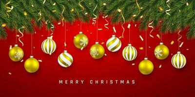 festlig jul eller ny år bakgrund. jul gran grenar med konfetti och xmas guld bollar. högtider bakgrund. vektor illustration