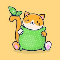 en söt tecknad serie ingefära katt innehar en grön kudde i dess tassar. katt och fjäril. vektor illustration.