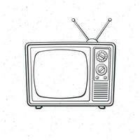 analog retro Fernseher mit Antenne, Kanal und Signal Wähler. Umriss. Vektor Illustration. Fernsehen Box zum Nachrichten und Show Übersetzung. Hand gezeichnet skizzieren. isoliert Weiß Hintergrund