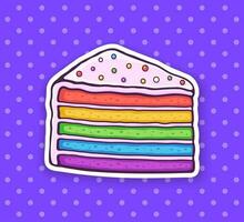 klistermärke en bit av regnbåge kaka med glasyr grädde och färgad socker dragéer vektor