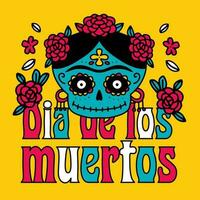 dia de los Muertos Feier Gruß Karte mit süß Karikatur weiblich Calavera Zucker Schädel , Blumen Hand gezeichnet im traditionell Stil. Text Übersetzung - - Tag von das tot. Vektor Gekritzel Illustration.