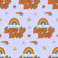 kärlek är kärlek - stolthet månad sömlös mönster med regnbåge text i lgbtq gemenskap flagga färger. färgrik 70s stil vektor upprepa.
