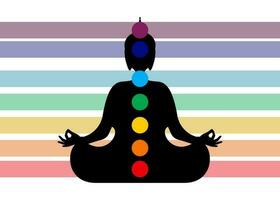 Sammanträde buddha silhuett i meditation med chakran. sju chakran randig av färger, energi kropp och yogi mediterar i de lotus placera. vektor illustration isolerat på vit bakgrund