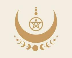 mystisch Mond Phasen und Wicca Pentagramm. heilig Geometrie. Logo, Halbmond Mond, Hälfte Mond heidnisch Wicca Göttin Symbol, Energie Kreis, retro Boho Stil Vektor isoliert auf Jahrgang Hintergrund