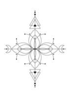 heilig Geometrie, Blume von Leben, mystisch Zeichnung Kreise, Dreiecke, Mond, planen von Energie. Symbole von Alchimie, Magie, esoterisch, Okkultismus. Vektor schwarz tätowieren isoliert auf Weiß Hintergrund