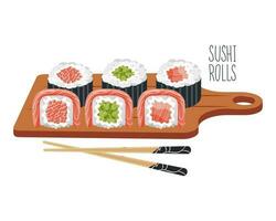 Sushi Rollen auf ein hölzern Tablett mit Essstäbchen. asiatisch Essen Symbol, Restaurant Speisekarte, Vektor