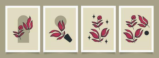 uppsättning av minimalistisk affisch med hand dragen blommor. blommig konst design för tapet, omslag, skriva ut, och Mer vektor