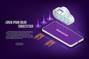 Vektor isometrisch Handy, Mobiltelefon Benutzer Anmeldung Sicherheit Transfer Daten mit Wolke.