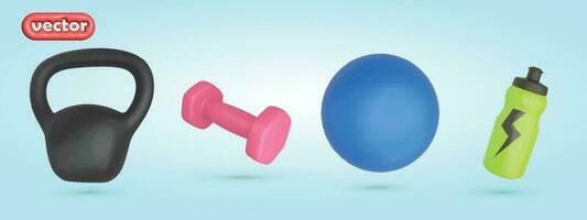 Gym verktyg 3d vektor uppsättning för träning, kettlebell, skivstång, gymboll och vilken flaska