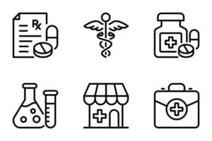 einstellen von pharmazeutische Linie Symbole Satz. Gesundheitspflege, medizinisch, Drogerie, Krankenschwester, klinisch, chemisch, Arzneimittel, Apotheker, Impfung, Apotheke, Formel vektor