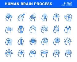 uppsättning platt linje ikoner av mänsklig hjärnprocess, känslor, mental hälsa, kreativ process, affärslösningar, karaktärsupplevelse, lärande, strategi och utveckling, möjligheter. vektor