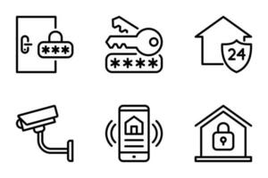 Zuhause Sicherheit Linie Symbole Satz. sicher, Überwachung, Polizei, schützen, Fernbedienung, sicher, Code, Schild, Verbrechen, kabellos, überprüfen, Taste, System, kriminell, Netzwerk, Sicherheit, schlau, vertraulich, Umriss, Sicherheit vektor