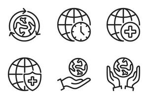värld och klot linje ikoner. spara,, universell, global, planet vektor