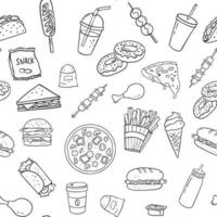 sömlös svartvit mönster med snabb mat för meny, förpackning eller Kafé. pizza, utegrill, smörgås, munk, citronsaft, is grädde och varm hund. vektor