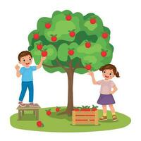 Lycklig liten barn pojke och flicka plockning äpplen frukt från de träd i de fruktträdgård trädgård vektor