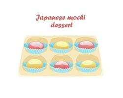 japanisch Dessert mochi. Mochi im ein Geschenk Kasten. Vektor Illustration von japanisch Küche.