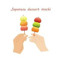 japanisch Dessert mochi. zwei Hände halt Mochi auf ein Stock. Vektor Illustration von japanisch Küche.