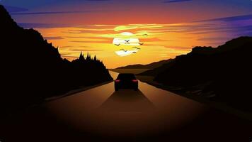 Vektor Illustration von bunt Sonnenuntergang Witz ein Auto Fahren auf Gerade Straße und Bäume im Silhouette