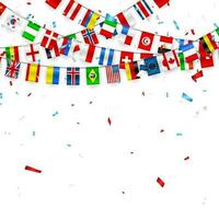 färgrik flaggor krans av annorlunda länder av de Europa och värld med konfetti. festlig kransar av de internationell vimpel. flaggväv kransar. vektor baner för firande fest, konferens