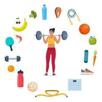 Frau tun Hantel Übung. Symbole von gesund Essen, Gemüse und Sport Ausrüstung zum anders Sport um ihr. gesund Lebensstil Konzept. Vektor Illustration.