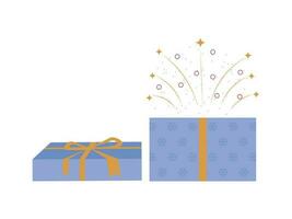 Symbol öffnen Geschenk Box und Feuerwerk mit Kreise und Sterne vektor