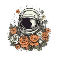 Astronaut mit Blume handgemalt Logo Design Illustration vektor