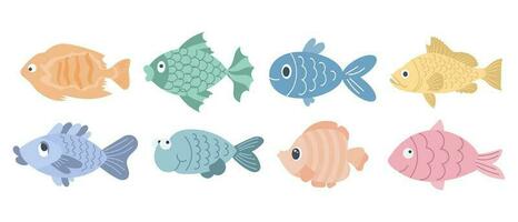 Sammlung von bunt süß Meer Fische. Symbole im Karikatur Stil zum Kinder, Vektor
