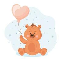 süß Karikatur Teddy Bär mit Herz geformt Ballon. Baby Illustration, Gruß Karte, Vektor