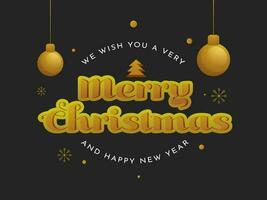 vi önskar du en mycket glad jul och Lycklig ny år text på svart bakgrund dekorerad med snöflingor, hängande grannlåt. vektor