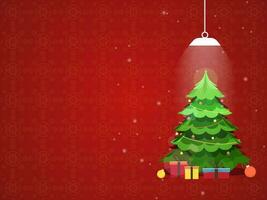 illustration av jul träd med grannlåt, gåva lådor och tak lampa på röd bakgrund. vektor