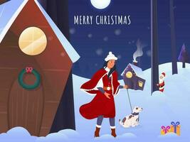 vinter- måne natt bakgrund med skorsten hus, santa claus och ung flicka innehav hund koppel för glad jul firande. vektor