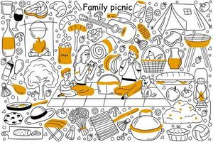 familj picknick klotter uppsättning. samling av hand dragen skisser mallar mönster av man far kvinna mor med barn har utflykt i stad parkera. utomhus- dining gemensam rekreation översikt illustration vektor