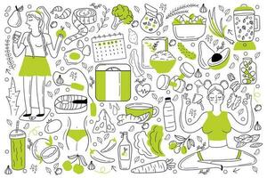 diet klotter uppsättning. samling av hand dragen skisser mallar av människor bantning äter naturlig mat smoothie cocktail spannmål grönsaker frukt för förlorar vikt. friska livsstil illustration. vektor